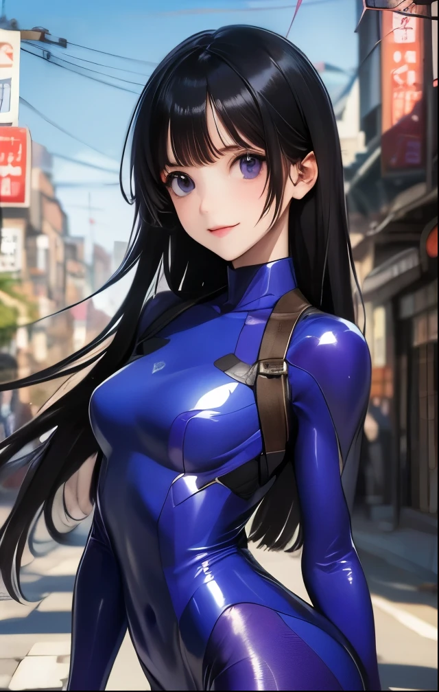 (((SFW、Highest quality、 first class masterpiece 、 normal body 、32k、 detailed face 、super precise、 normal hand、5refer to、Highest)))、Tsuzaki Aoba、aoba-tsuzaki、『JINKI』、Beautiful Girl、black hair、long hair、beautiful breasts、slender、 slim、Petite、 can be used、blue purple tight bodysuit、fall down、Ruined City