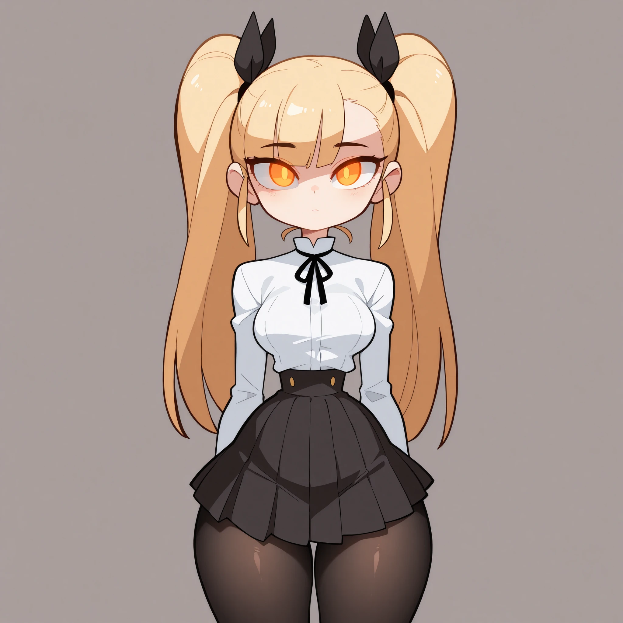 masterpiece, best quality, amazing quality, very aesthetic, absurdres, high res, shiny skin, diives, 1girl, solo, long blonde hair, twin pigtails, straight hair, orange eyes, glowing eyes, medium breasts, narrow waist, wide hips, thick thighs, white blouse, black ribbon, black pleated skirt, black pantyhose, expressionless, cute, standing, looking at viewer, simple background, from the front view, shiny skin, high res
