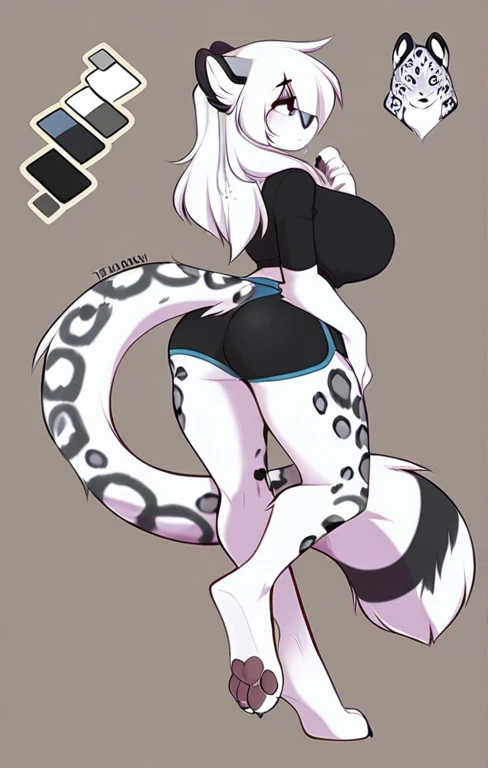 (solo) female anthro snow leopard, long fluffy hair, snow leopard, (big breasts:1.5), attractive, pink shirt underboob , yoga shorts, fit body, snow leopard tail,, thicc, freckles, freckles on face, smug eyes, (happy expression), she is standing look to the viewer , violet background, simple background, thick thighs (front view) high heels
