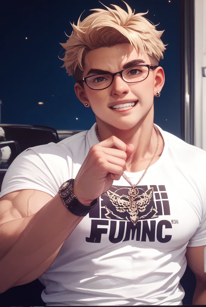 Anime a man, short hair mixed with black, red and purple, handsome face, wearing glasses, wearing an earring in the left ear, wear a cable headset, wearing levis, white t-shirt, wearing a punk necklace, and punk bracelets, also a punk belt. torn trousers, sweet smiling facial expression, campus class background