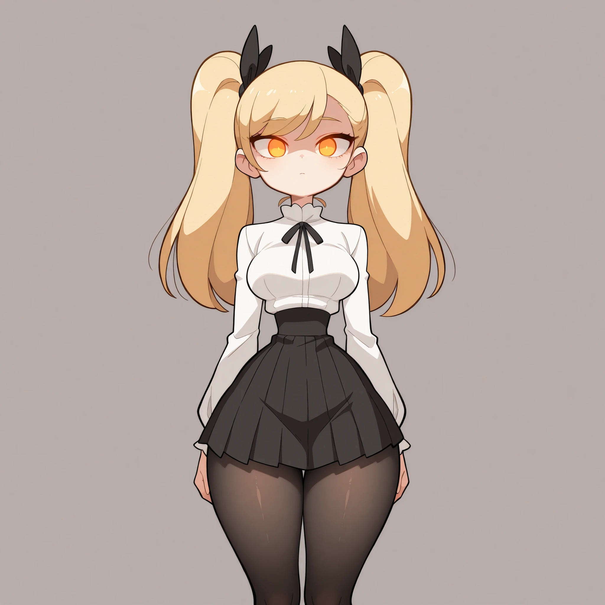 masterpiece, best quality, amazing quality, very aesthetic, absurdres, high res, shiny skin, diives, 1girl, solo, long blonde hair, twin pigtails, straight hair, orange eyes, glowing eyes, medium breasts, narrow waist, wide hips, thick thighs, white blouse, black ribbon, black pleated skirt, black pantyhose, expressionless, cute, standing, looking at viewer, simple background, from the front view, shiny skin, high res