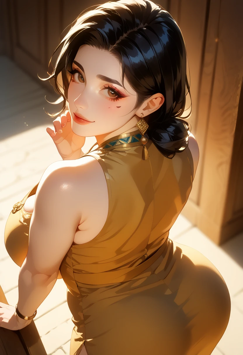 Amazing portrait of a sexy woman who is wearing a backless blouse and a saree and hair tied in a bun in a tiny and dark room with one lamp and she's sweaty with pleasure