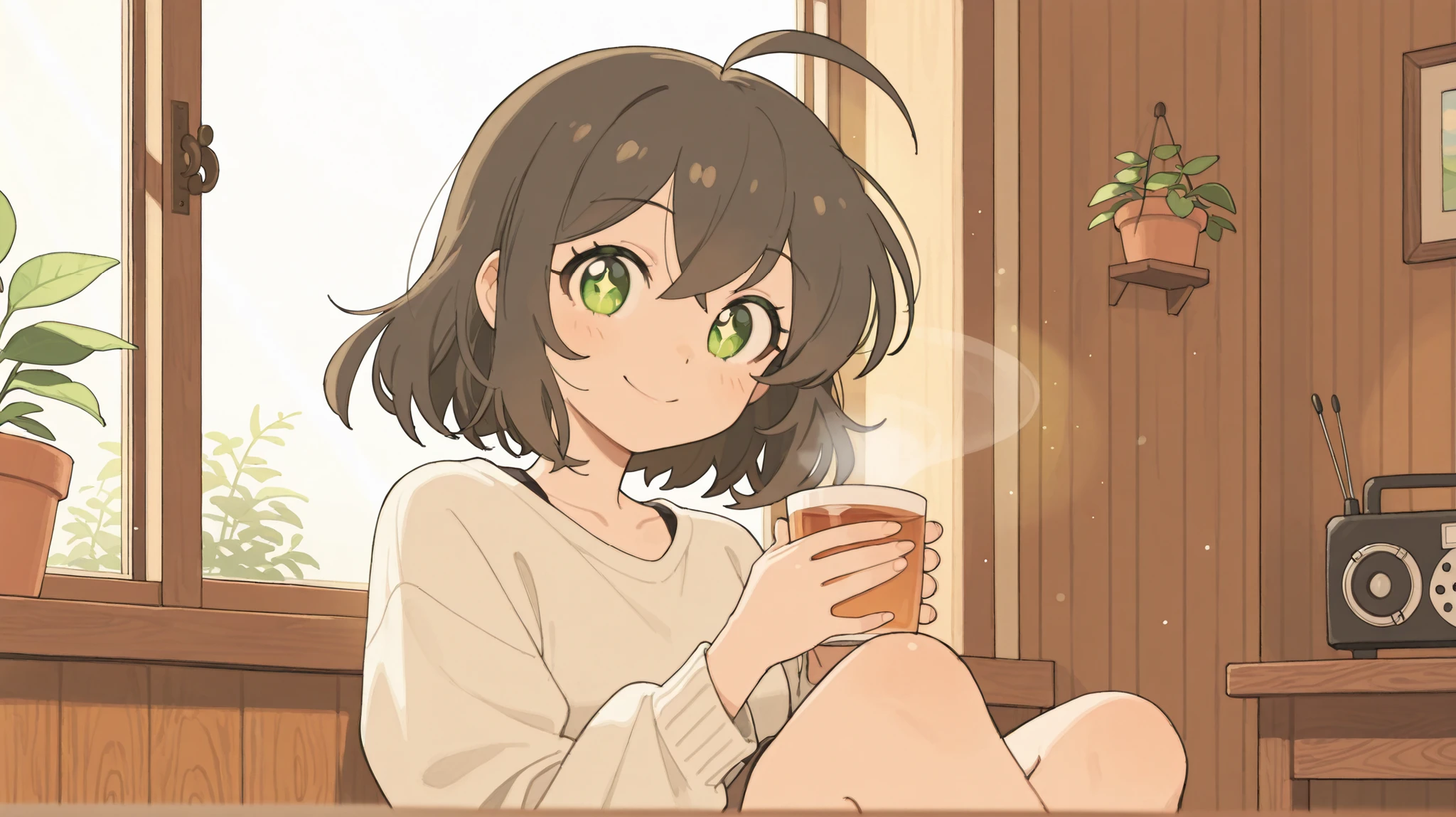 masterpiece, best quality, newest, absurdres, highres,
short dark brown hair, ahoge, shiny green eyes, 1girl, solo, joyful and peaceful expression, bright smile, sitting cross-legged on a cozy wooden floor, morning sunlight streaming through the window, prominently featured vintage retro radio with wooden texture and large knobs, placed right next to her, radio glowing slightly as it plays music, wearing casual pastel-colored homewear, holding a warm cup of tea, looking at the viewer with sparkling eyes, surrounded by morning light particles, potted plants nearby, relaxed and cheerful atmosphere, enjoying the music fully, soft golden light, nostalgic mood, beautiful lighting and soft colors, cinematic morning vibe, stylish and dynamic anime art style