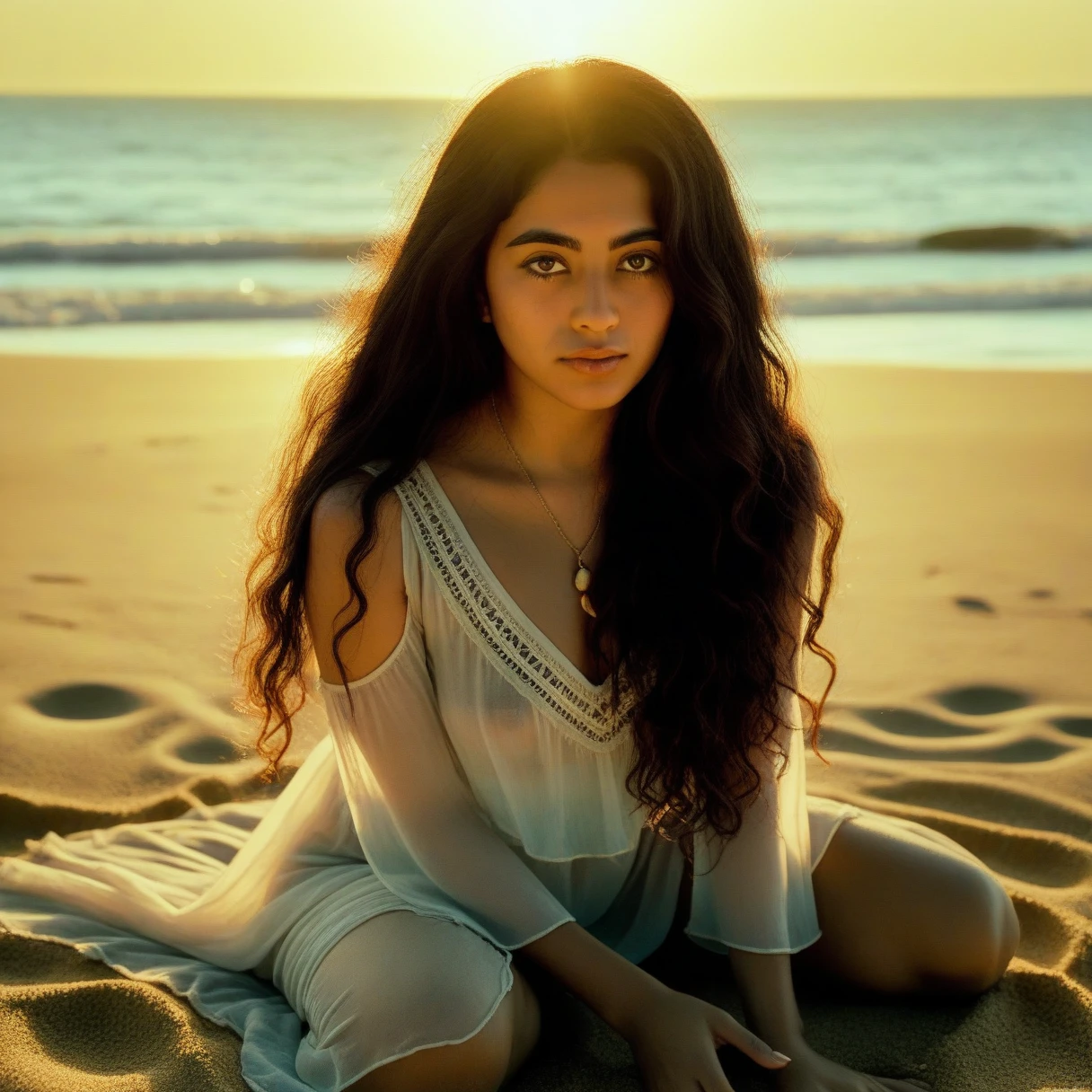  Camila, latina, 27 years old, long wavy dark brown hair, soft sensual eyes, artistic and bohemian vibe, semi-transparent top, low-key lighting, cinematic composition, realistic SDXL style, intimate portrait, skin pores, film grain, 35mm style, analog texture, long boho dress, barefoot in sand, golden hour lighting, sea in background, serene expression