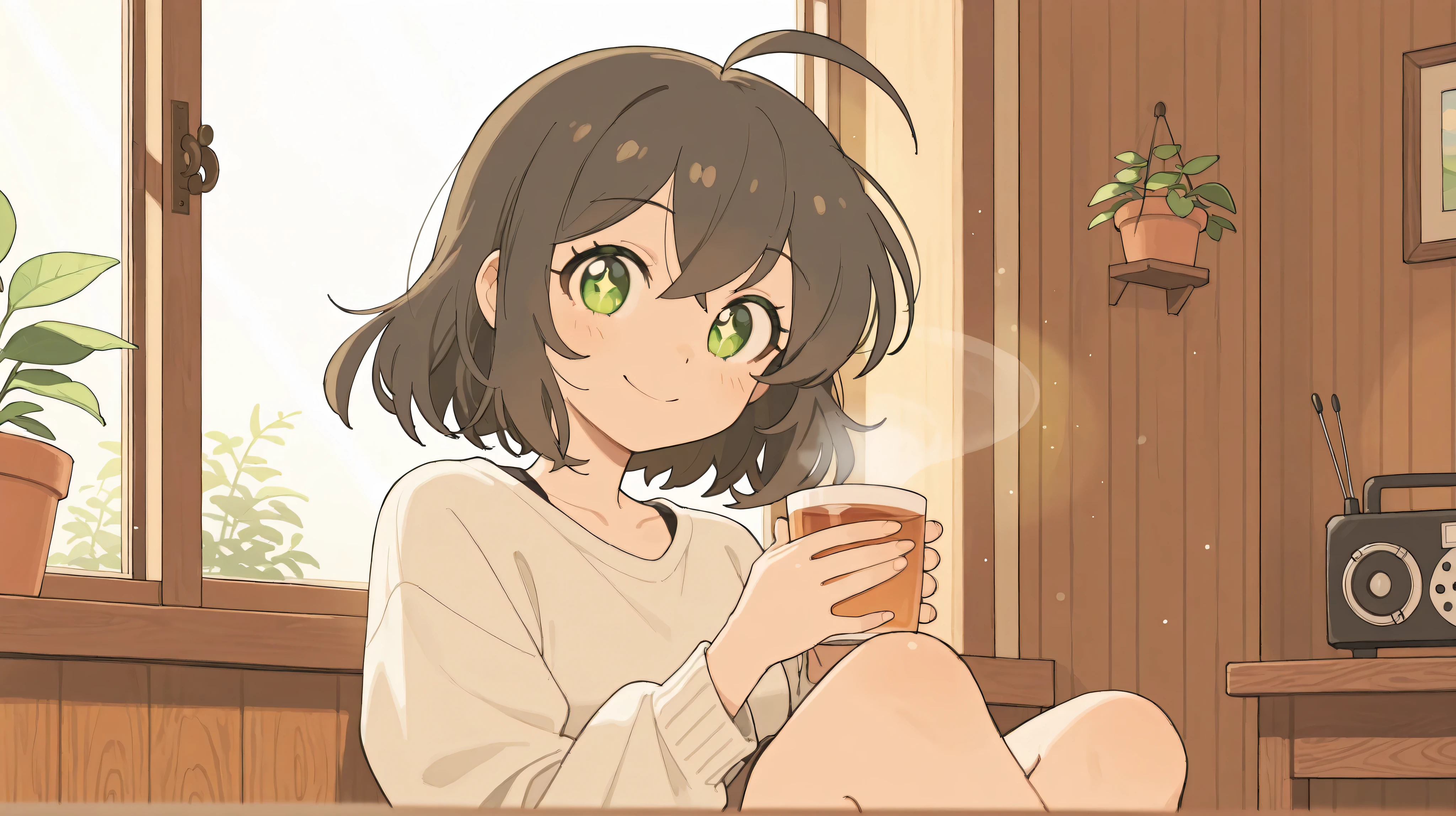 masterpiece, best quality, newest, absurdres, highres,
short dark brown hair, ahoge, shiny green eyes, 1girl, solo, joyful and peaceful expression, bright smile, sitting cross-legged on a cozy wooden floor, morning sunlight streaming through the window, prominently featured vintage retro radio with wooden texture and large knobs, placed right next to her, radio glowing slightly as it plays music, wearing casual pastel-colored homewear, holding a warm cup of tea, looking at the viewer with sparkling eyes, surrounded by morning light particles, potted plants nearby, relaxed and cheerful atmosphere, enjoying the music fully, soft golden light, nostalgic mood, beautiful lighting and soft colors, cinematic morning vibe, stylish and dynamic anime art style