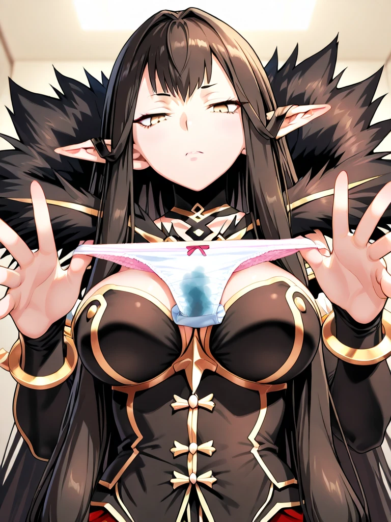 adjusting_hair, between_breasts, black_background, black_dress, blush, breasts, bridal_gauntlets, cleavage, dress, fate/apocrypha, fate_\(series\), fringe, fur, fur_collar, fur_trim, girl, hair_between_eyes, head_tilt, large_breasts, light_erotic, long_hair, looking_at_viewer, open_mouth, payot, pointy_ears, semiramis_\(fate\), shaded_face, single, slit_pupils, tall_image, teeth, upper_body, walzrj, yellow_eyes