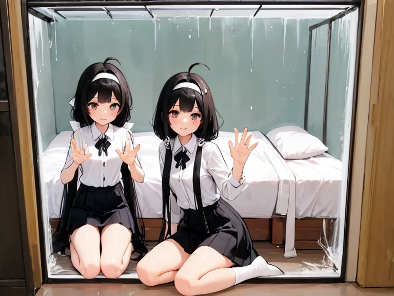 1 little girl and 1 little boy，for 6 years old，Lie down in bed，Cute Baby Turtle，snuggling，((((Handcuffs)))),Metal collar，The barefoot，（（in jail）），（Blue JK uniform），agony，（wail），（（（Wear leg irons）） ，shackle，（（In a cage）），Heavy Chains，Longing for freedom