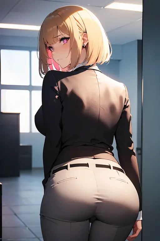 masterpiece, absurdres, best quality, ultra detailed, high Resolution, detailed illustration, bright colour, (extremely beautiful detailed face and eyes, Delicate beautiful face, 1 girl, cute face:1.3), (magenta eyes:1.1), sparkling eyes, big eyes, medium breasts, (perky breasts:1.1), (pointy breasts:1.1), medium hips, glamorous body, white skin, BREAK, asymmetry long bob cut, (blonde hair:0.8), messy hair, detailed hair, shiny hair, BREAK (skinny slacks, Buttocks:1.5), perfect lighting, (embarrassed:1.5), (ecstasy, vulgarity:1.5), (trembling:0.8), From behind,