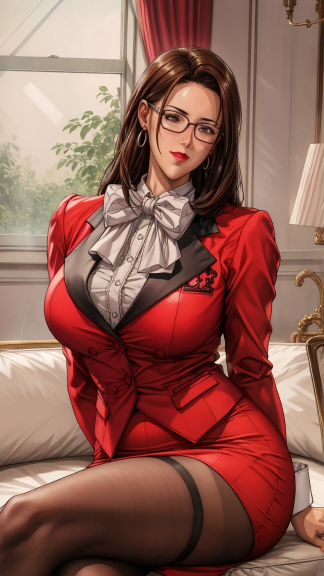 masterpiece, best quality, black hair, glasses, necklace, earrings, red sweater, turtleneck, labcoat, black miniskirt, large breasts, upper body, looking at viewer, doctor's office, smile, mischievous,