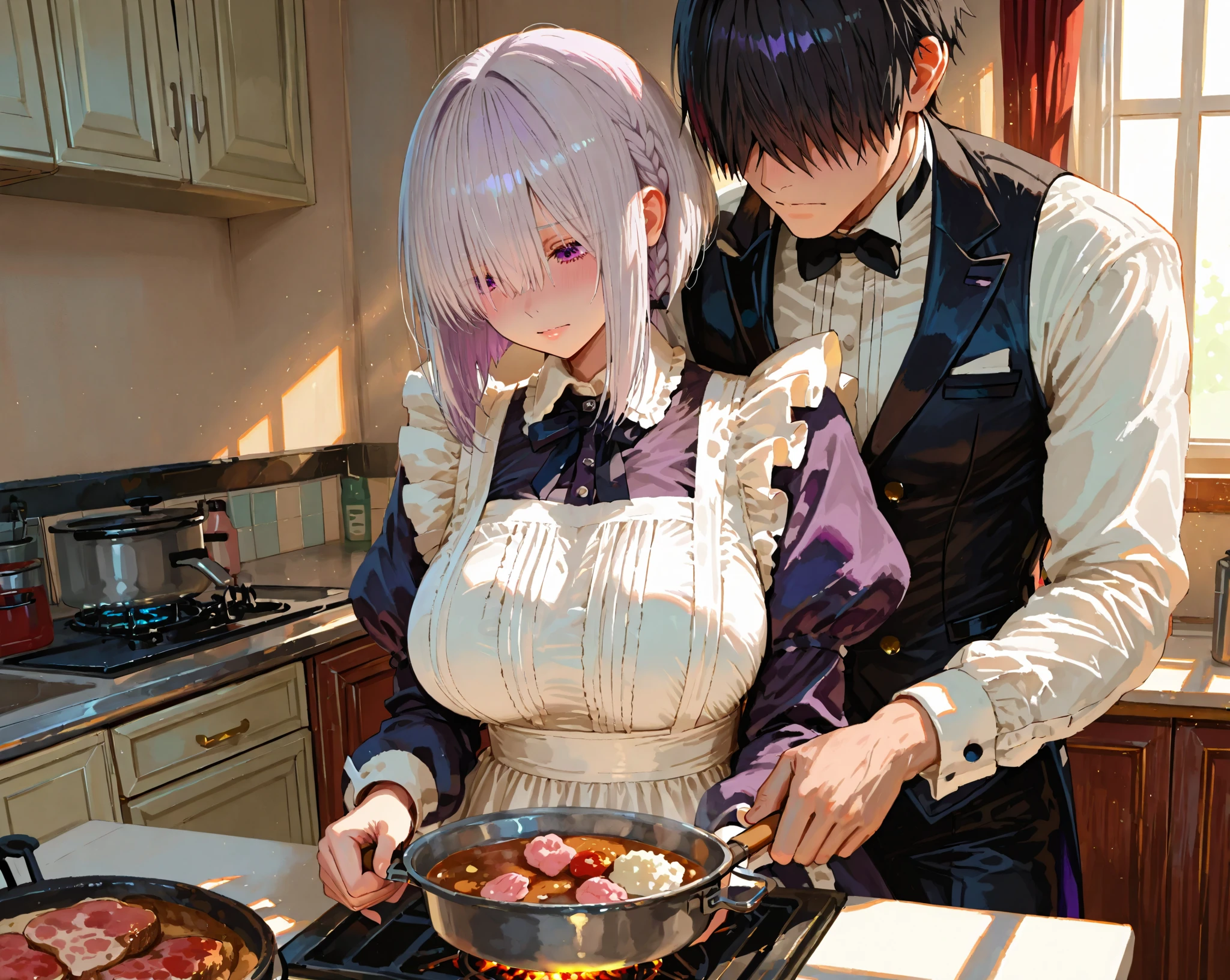 a pink haired handsome man with violet eyes is eating dinner with a pink haired woman with violet eyes and an hourglass figure and short hair in a cozy home.