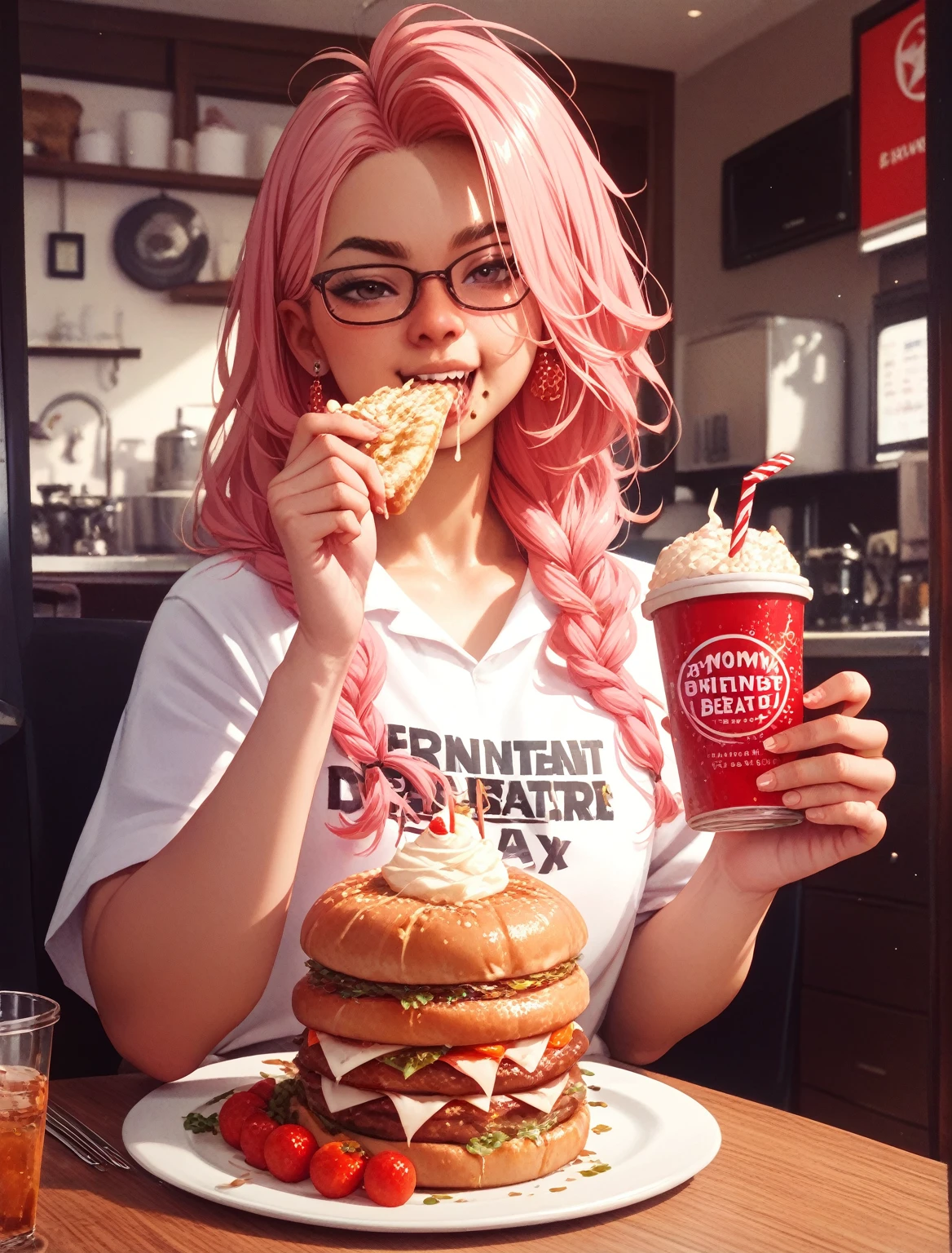 araffe with pink hair and a hamburger in her mouth, belle delphine, devours a hamburger, anime girl in real life, emo girl eating pancakes, better known as amouranth, eating burgers, eating a burger, burger with human mouth, eating a hamburger, young beautiful amouranth, burger with human eyes, ahegao