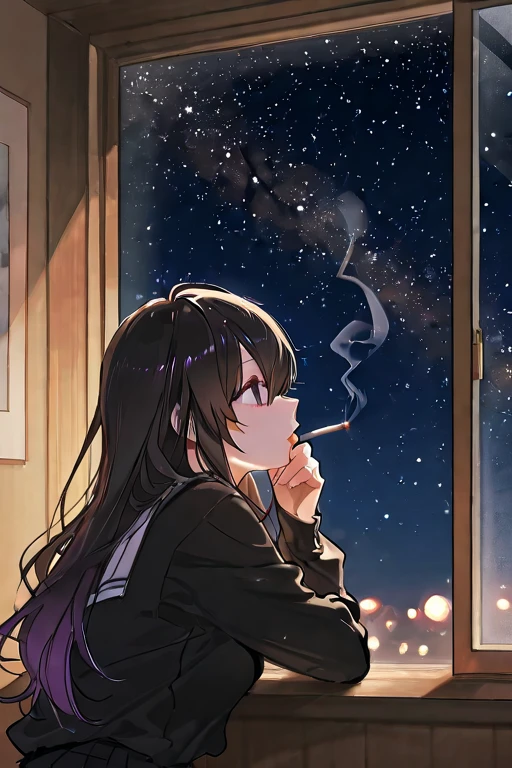 Smoking a cigarette by the window、Looking up at the night sky