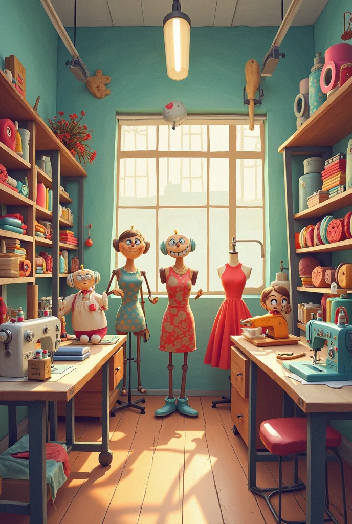 Various background fabrics with sewing tools and a sewing mannequin with a garment in the process of being made