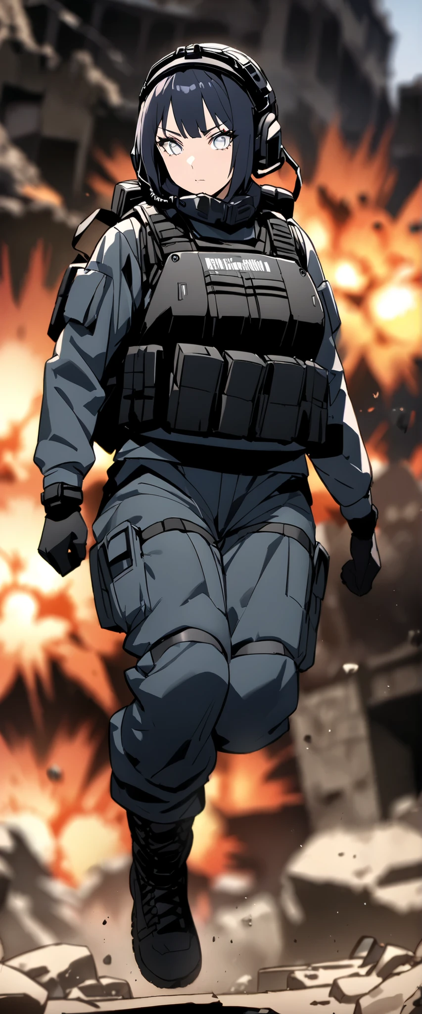 (masterpiece),(Highest quality),(High resolution),(Very detailed),One Woman,Japanese,Dark Blue Hair,Short Bob, White Eyes, Beautiful Eyes,Long eyelashes,Beautiful Hair,Beautiful Skin,strict,whole body,break(((Huge explosion behind woman))),Jump to escape the explosion,(Dynamic Movement),((ピストルを持っている:1.3)),SWAT Uniforms,Black bulletproof vest, Combat Boots,Black Tactical Forster,Tactical Headset,Tactical Helmet,(The background is the rubble of ruins),(((Background Blur))), JSDF ELITE UNIT.