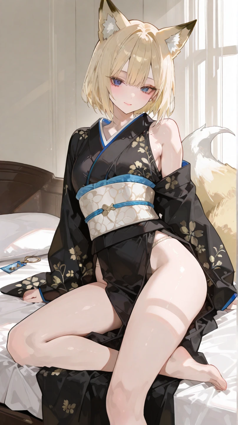 1girl, pottsness, tsunako, navy_\(navy.blue\), ciloranko, greem_bang, anime screencap:1.1, official art, absurdres, best quality, perfect anatomy, newest, new, melonbooks, :d, arm on own head, arm up, ass, bath yukata, blonde hair, blush, bow, bow panties, breasts, collarbone, copyright name, eyelashes, eyes visible through hair, floral print, futon, hair between eyes, indoors, japanese clothes, kimono, lantern, long eyelashes, long hair, long sleeves, looking at viewer, lying, m legs, medium breasts, no bra, obi, on back, on bed, open clothes, open kimono, open mouth, panties, pillow, pink panties, print kimono, purple eyes, sash, sidelocks, smile, solo, spread legs, thighs, underwear, watermark, wide sleeves, yukata
