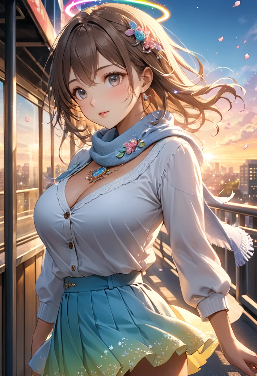 satin, silk, blue, bra, (High quality, High resolution, Fine details), setting sun, Backlight, A straight stretch of railroad track, White Dress, White Hat, solo, curvy women, light brown hair, sparkling eyes, (Detailed eyes:1.2), smile, blush, Sweat, Oily skin, shallow depth of field, Fantastic