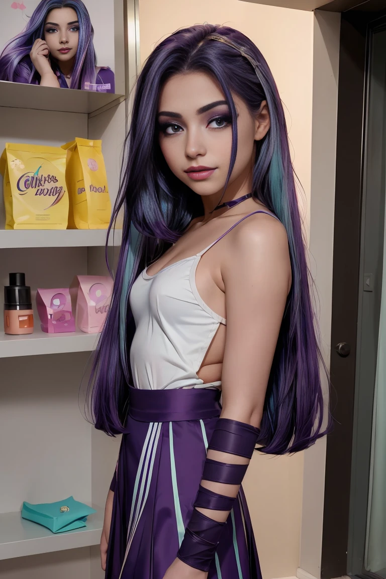 (Obra maestra, La mejor calidad:1.2), solamente, 1 chica , hermosa chica adolecente , modelo adolecente , Caucasian , mlp Aria Blaze , senos grandes ,sonrisa presumida , maquillaje , labios rojos , 17 years , hermosa chica adolescente , Modelo adolescente , ojos color purpura , tienda , afuera es de noche , cabello color morado con mechas color turqueza , pelo color morado con mechas color turqueza con coletas , foto de cuerpo completo , mlp , cabello azul turquesa , outfit sexy , peinado de coletas