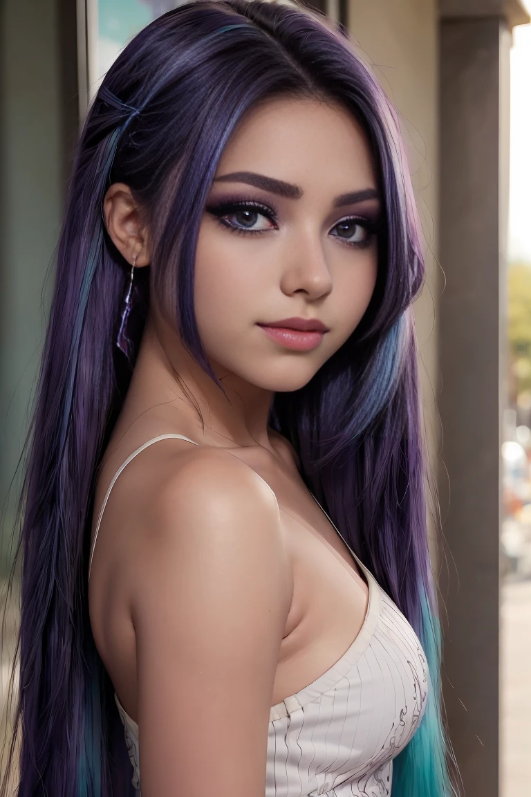 slim soft body, long brown hair with purple highlights, ponytail, blue eyes, blush, black eyeliner,  ((full body))

