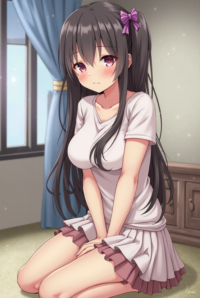 1girl, black hair,red eyes,masterpiece, best quality, high quality,medium breasts,(((white t-shirt,red underwear,bare legs))),kneeling on the bed,in the hospital