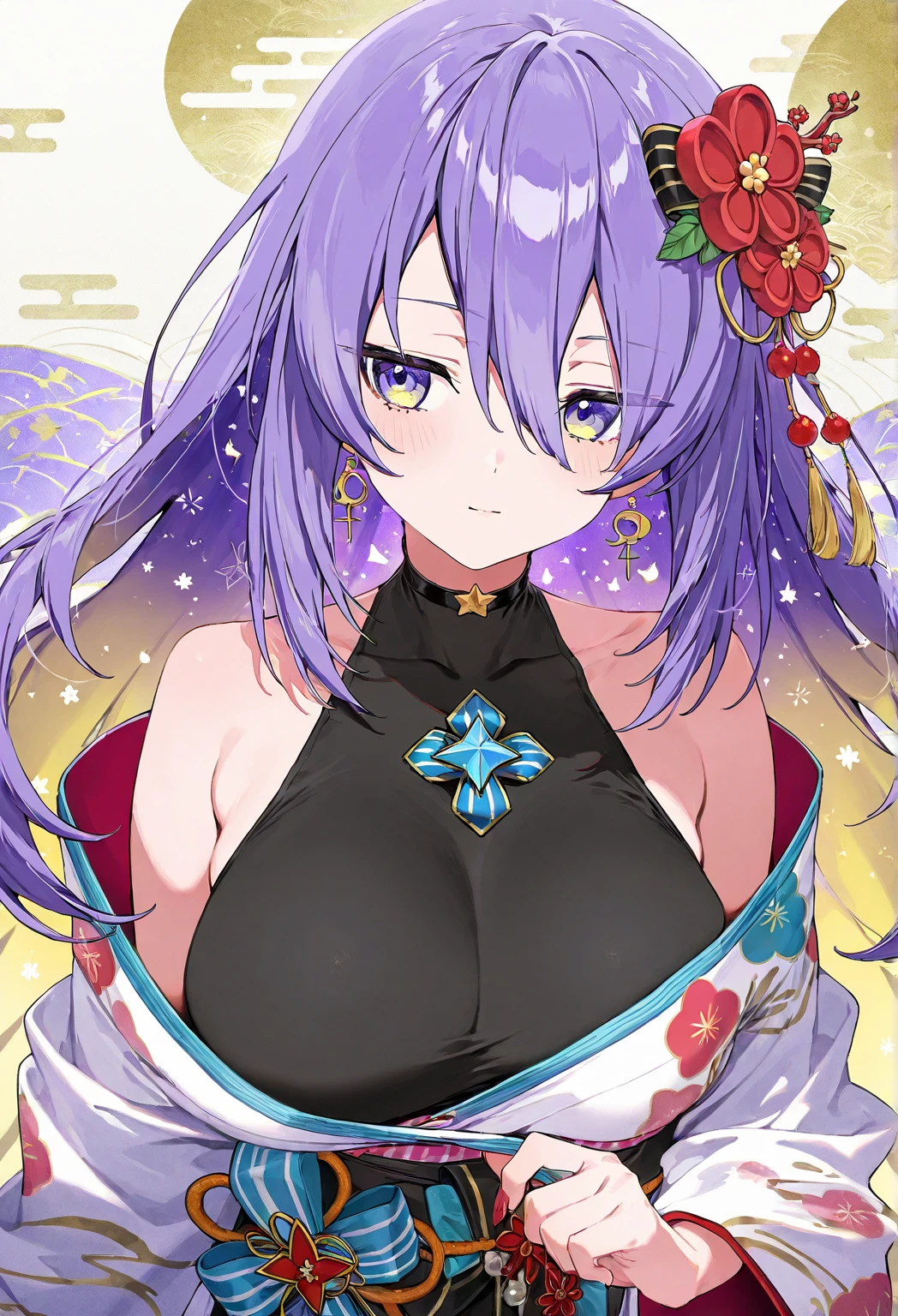 shuten douji,(Absurd, 8K, 4K, Tabletop, Extremely detailed:1.2), Highest quality, Perfect Anatomy,Perfect Face,Browsing Caution,Young girl,Purple eyes,Look forward,short hair,Purple Hair,(Devil horns:1.1),(Very flat chest:1.3),in the forest,cherry blossoms,shrine, Twin tails, Miko costume