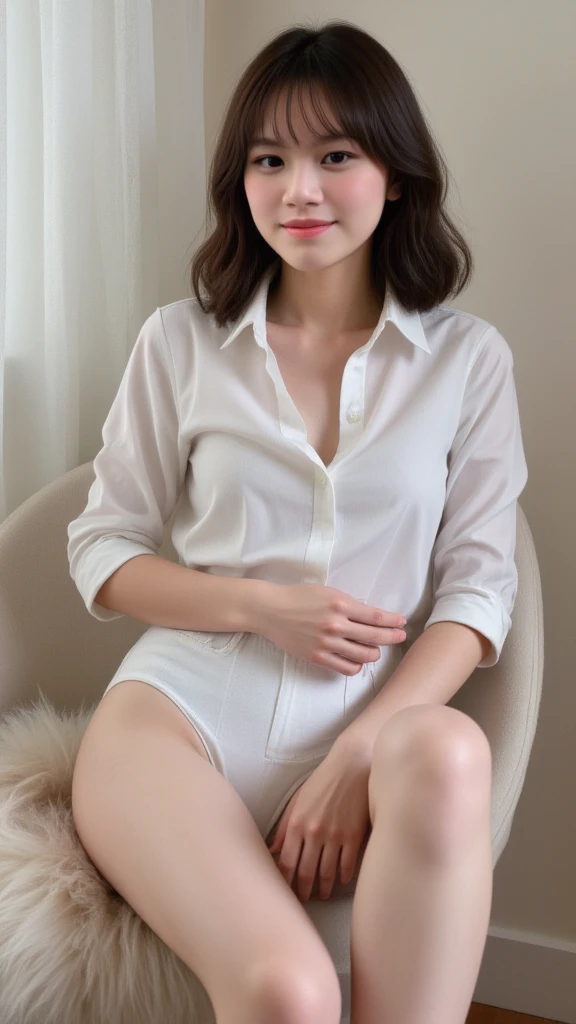 Gray background、pubic hair、Large Breasts、Thighs、Red lipstick、(((Glaring)))、Curly Hair、Disheveled Hair、Cute woman、high school girl、White shirt、Navy frill mile、Open chest shirt、A wet shirt with underwear showing through、Wet Hair、
