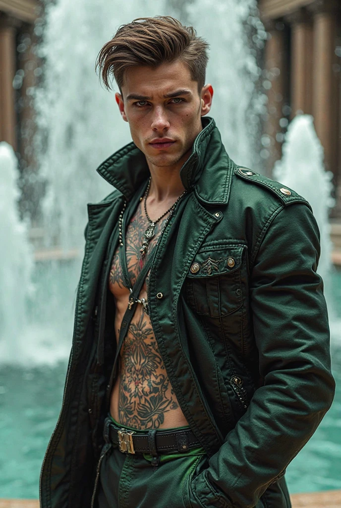 (best quality), 1boy, Male, 22 years old, young man, white skin, black hair, short hair, quiff hair, green eyes, perfect eyes, arm tattoo, piercings, handsome, leather jacket, strong jawline, masterpiece, anatomically correct, highres