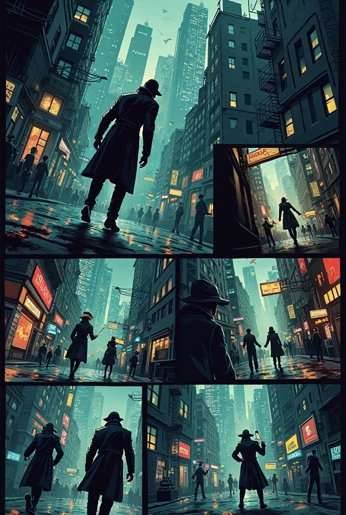((highest quality)), ((masterpiece)), (be familiar with), (High definition), (Accurate), (Realistic), (Cinematic), (Best Shadow), (Low contrast), (8K), Perfect Face, ((SYD MEAD style)), manga、mangaデザイン、Storyboard、Panel layout、(Woman looking at a large monitor), (Replicant), (Replicant), ((Black Hair, very short hair, Blue Eyes)), (Black hooded raincoat), (The monitor shows an image of myself)、Glittering neon signs、congestion, congestion, Decadent Future City, NEO TOKYO, A.D.2051, (steam:1.2), It's raining white, evening,