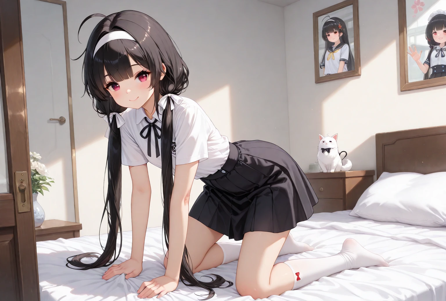 tohsaka-rin、Mature and slender figure1People with Japan18Year old girl、slightly disheveled hair、Full-body view from head to toe、Blushing look、Puzzled look、Excited look、Sweating、Composition from the front、Composition from slightly below、Sitting facing the front、M-shaped legs、crouching down、Legs spread out in an M-shape、Hold your feet、small tits、Underwear、White bra、White panties、Black knee socks、(Black_pantyhose):1.2)、Show white panties、No shoes、Bedrooms、inside in room、during daytime、Blushing、looking at the viewers、Panchira、Composition from the front、watching at viewers、Slender feet、Slender thighs、Slim toes、White panties are visible、Pleated skirt with a short plaid pattern