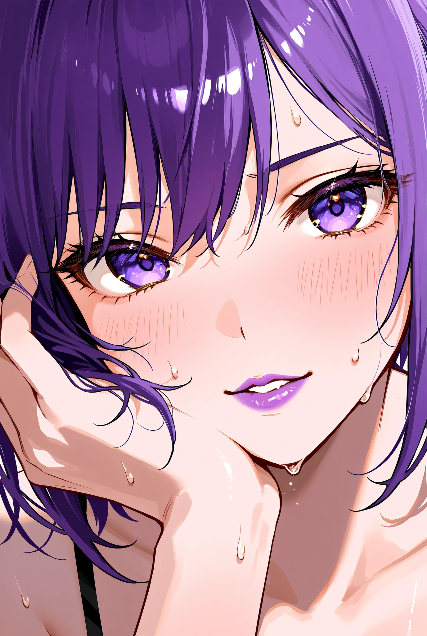 Purple Lip、Kissing Face、solo、gal、Front of face、sweat、 Gold