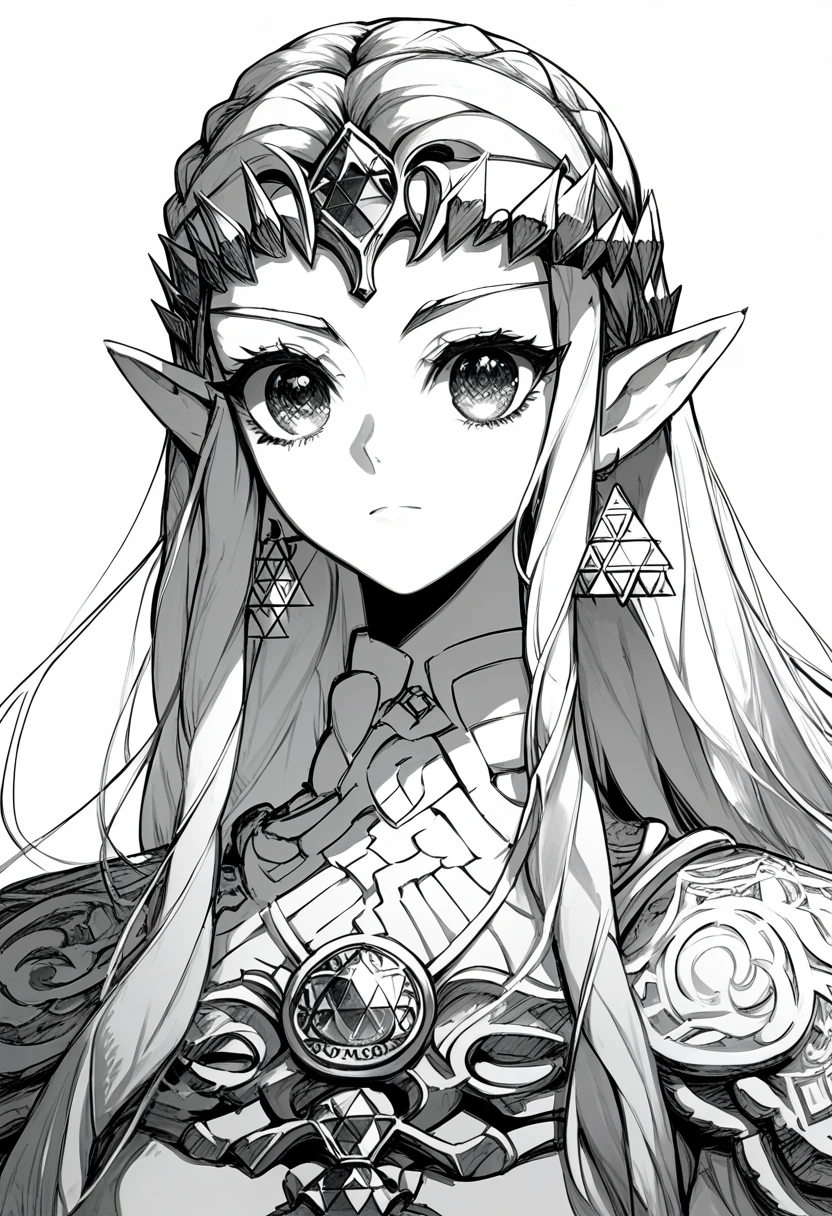 score_9, score_8_up, score_7_up, 1girl, Alone, 1 girl, long white hair, Eyes Pretos de Máscara Black , manga, monochrome, dekosukentr style, ((princess Zelda))
