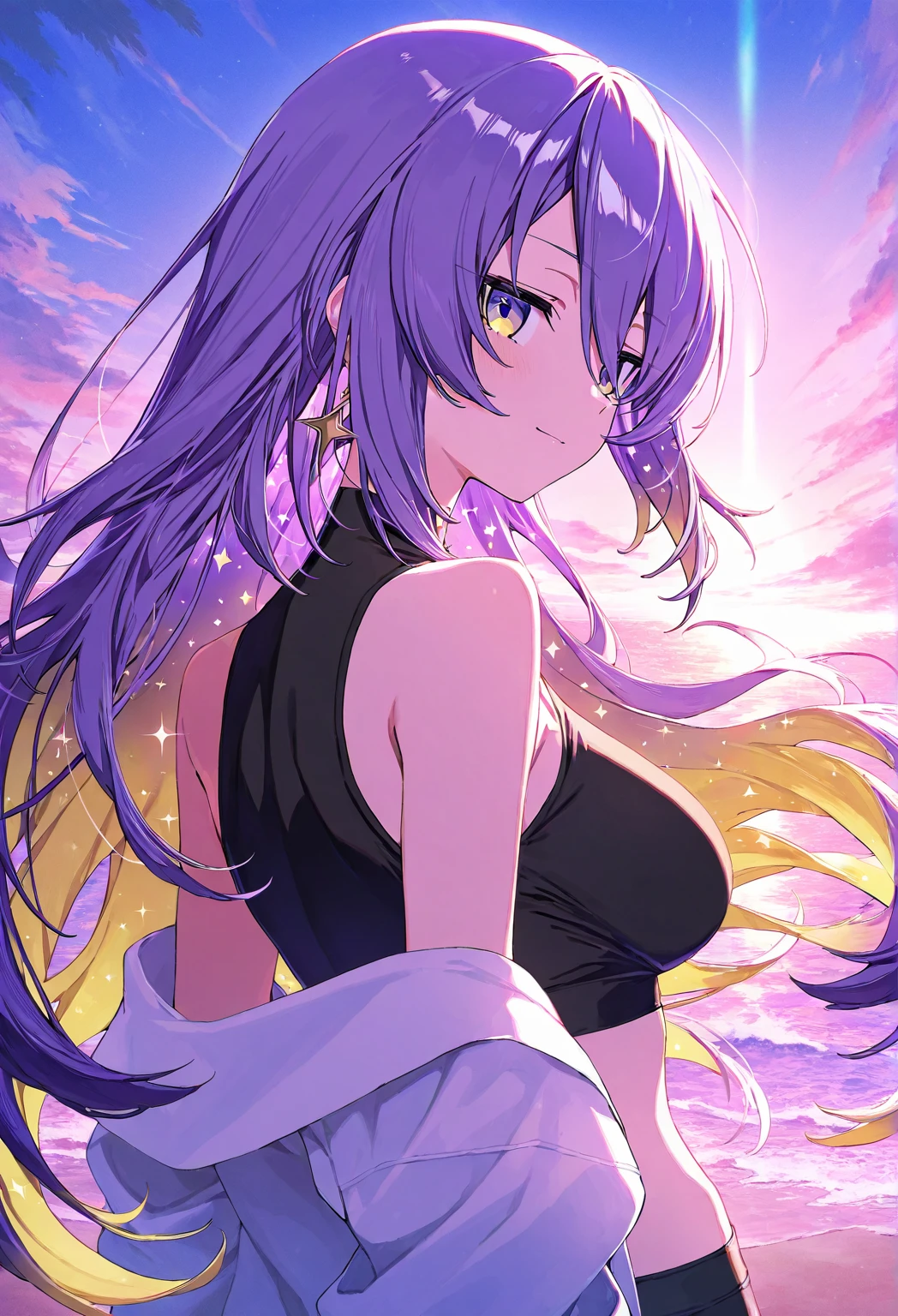 Girl, long hair, purple hair, big breasts, medium legs, ilying on the bed,  face, cute shy face, sweating, naked, shaking body, dakimakura