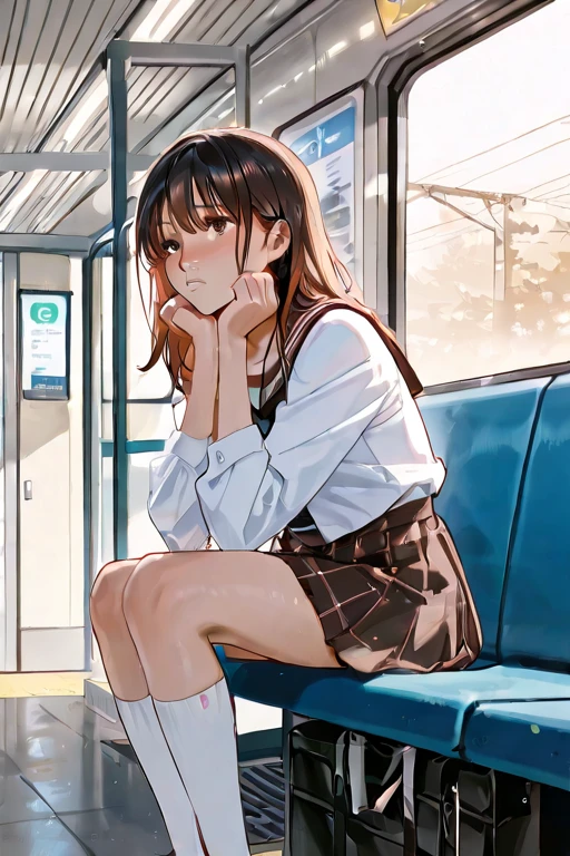 (1) sitting alone on a long train seat,Sit with your legs apart,Showing white panties, Composition from the front,Low Angle,
(2) I'There is a JK, She is wearing a miniskirt uniform, Sailor suit and loose socks.,
(3) I have medium length brown hair,
(4) Provocative, smirking expression.,
(5) The location is a long seat on the Yamanote Line at night..,There are no other customers,The view outside the window is the night view of the city.