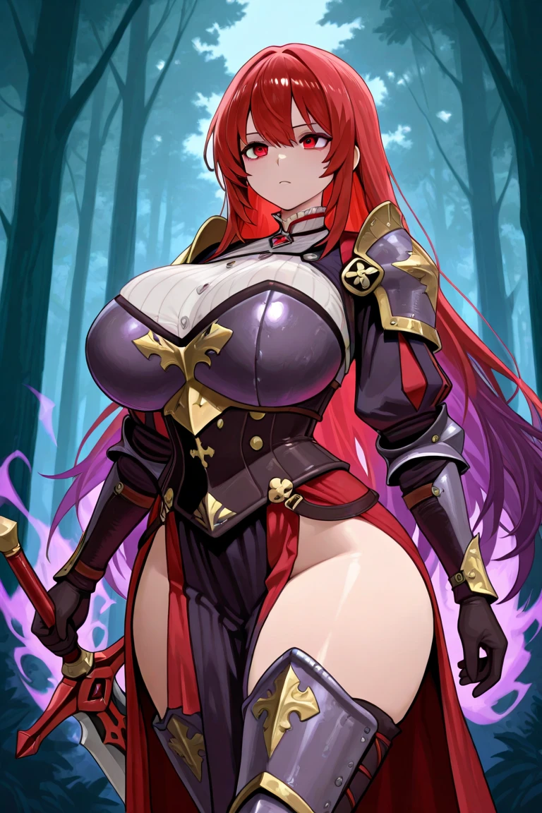 ((1 woman in medieval armor)),((with tribal tattoos all over her body)),((huge breasts, naked pussy)),((in a forest)),((dirty look, embarrassed face)) ,((very large red pubic hair with braid)),((red hair with sex, with one eye closed, one red eye)),((facing the viewer, with legs open)),((with a sword on the back)),