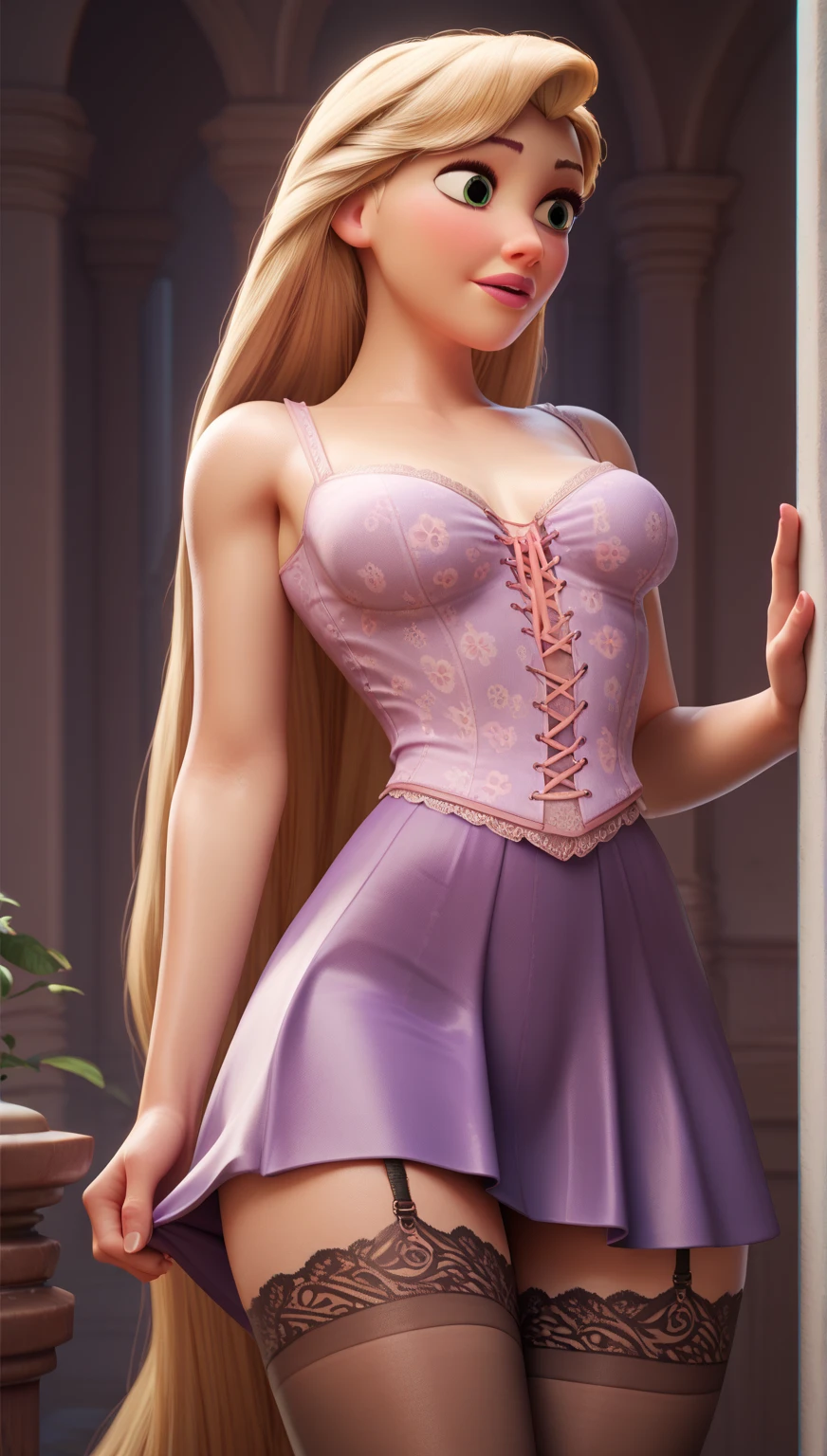 A young and beautiful girl, with curly blonde hair, violet eyes and heart-shaped lips. With a detailed and curvy body, with medium breasts and a heart-shaped butt, with slightly plump thighs. Wearing a black skirt jumpsuit, with fishnet stockings and thigh-high heeled boots, detailed clothing, with a sexy pose. 