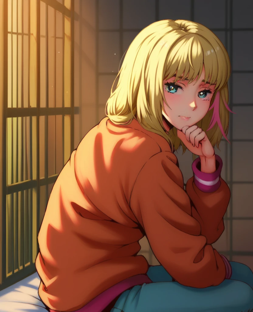 The fourteen-year-old blond boy was a prisoner, A collar is worn around the neck, Wear an orange one-piece prison suit, The clothes are printed "Jacob Bryant 200110"。He wears white sport socks and brown flip-flops, Handcuffs on their hands, Sitting alone in a closed cell。There was only one bed and an iron gate in the cell, Walls on all sides, The lighting is dim, Blonde hair, Short hair, Devil Eyes, annoyed, Sad, Evil, guilt, devil pupils, Verism, Interior architecture, full bodyesbian,Cinematic lighting, From above, Eye level shots, Sony FE GM