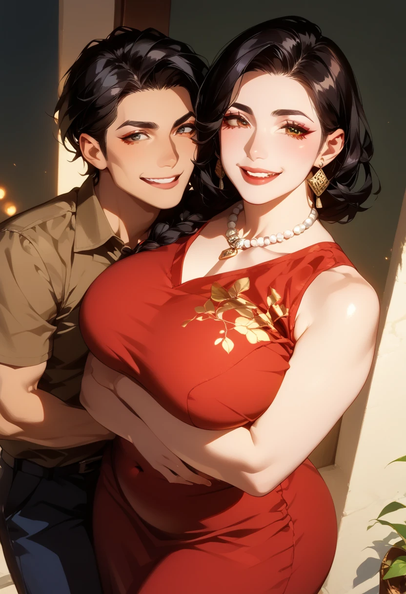 Portrait of a young, brunette couple in a warm setting, the INFJ man with rich, green hair and striking green eyes, his vibrant green attire enhancing his dark olive skin. He wraps his arm around the ENFJ woman, her dark brown skin radiating against the deep green of her dress, her glossy brown hair cascading down her plump, smiling face. Her curvaceous figure contrasts with the lean, smiling INFJ man.