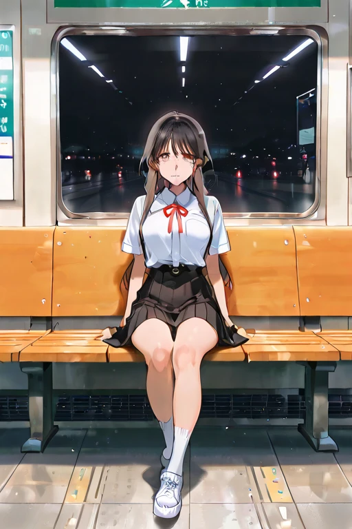 nsfw, A girl sitting on a train chair with her legs wide open。Pants are visible inside the skirt。An angle that looks like you&#39;re looking up from below.。very cute round face。