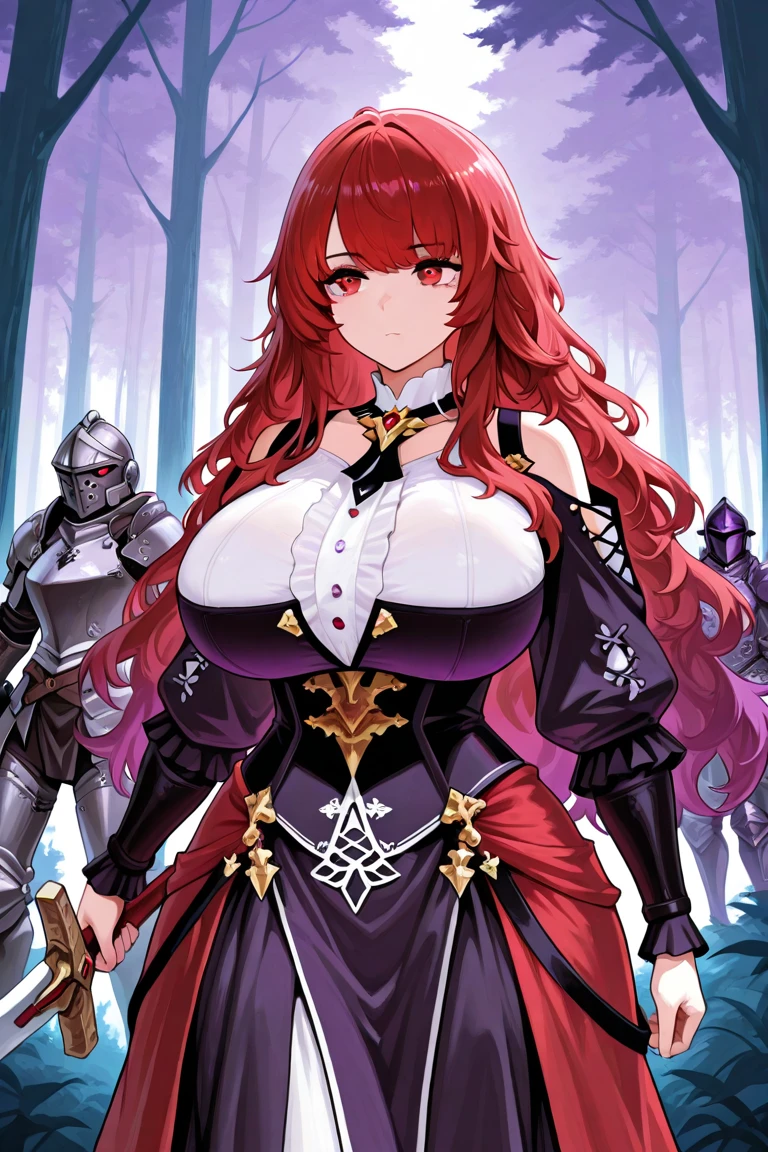 4k,hight resolution,One Woman,Bright red hair,Longhaire,red eyes,knights,white sacred armor,jewel decorations,Big sword,medieval town,furious,