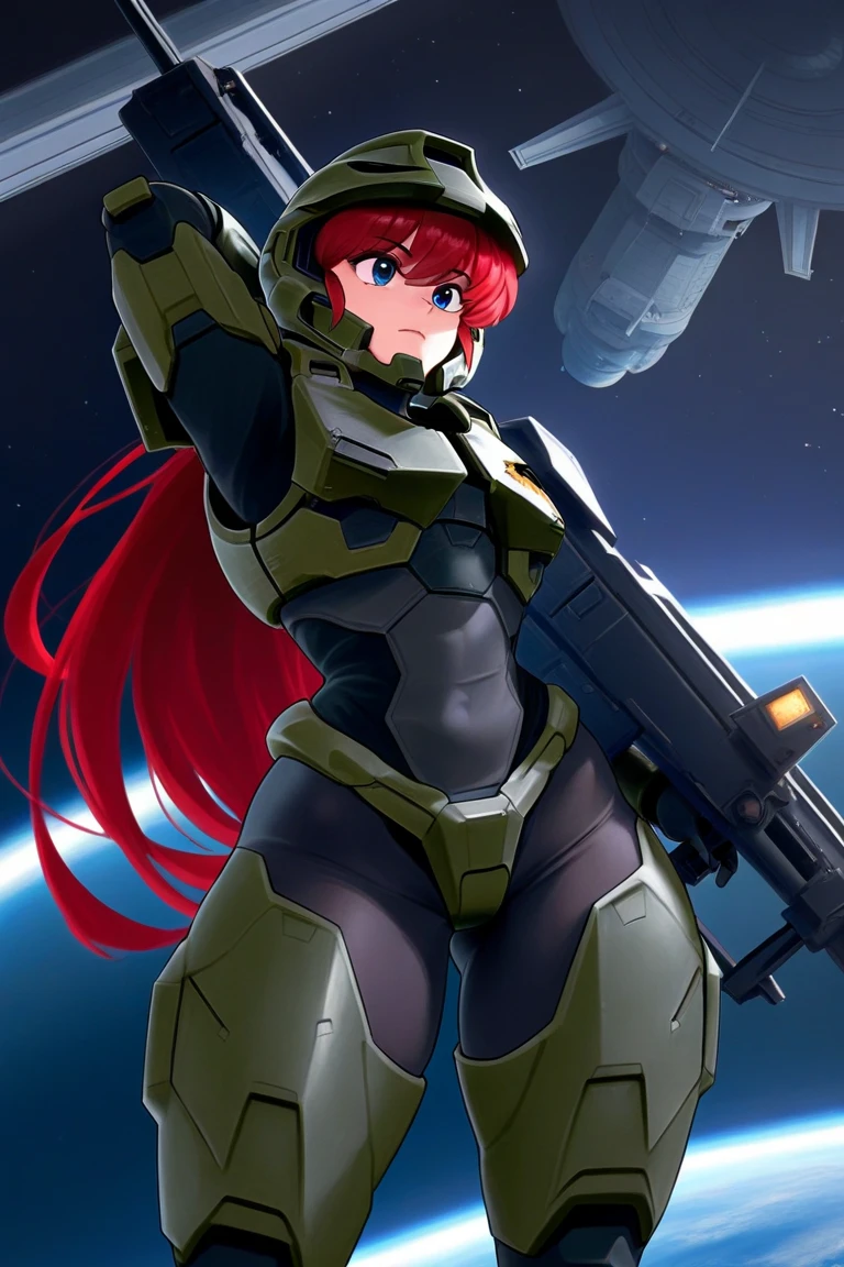 <lora:HaloSpartansV1-000050:1>, FemaleSpartan, 1girl, ass, solo, brown_hair, helmet, looking_back, brown_eyes, helmet_removed, sky, from_behind, ponytail