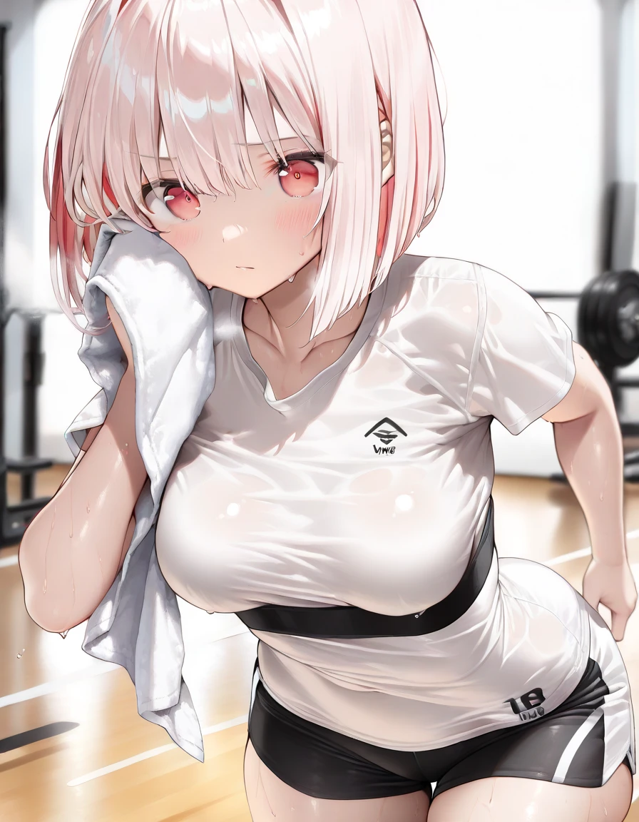 1girl, solo, yoga pants, (sweat), facing viewer, indoors, large breasts, pink hair, smile, midriff, navel, pants, white pants, cleavage, black sports bra, standing, collarbone, bare shoulders, Blurry background,