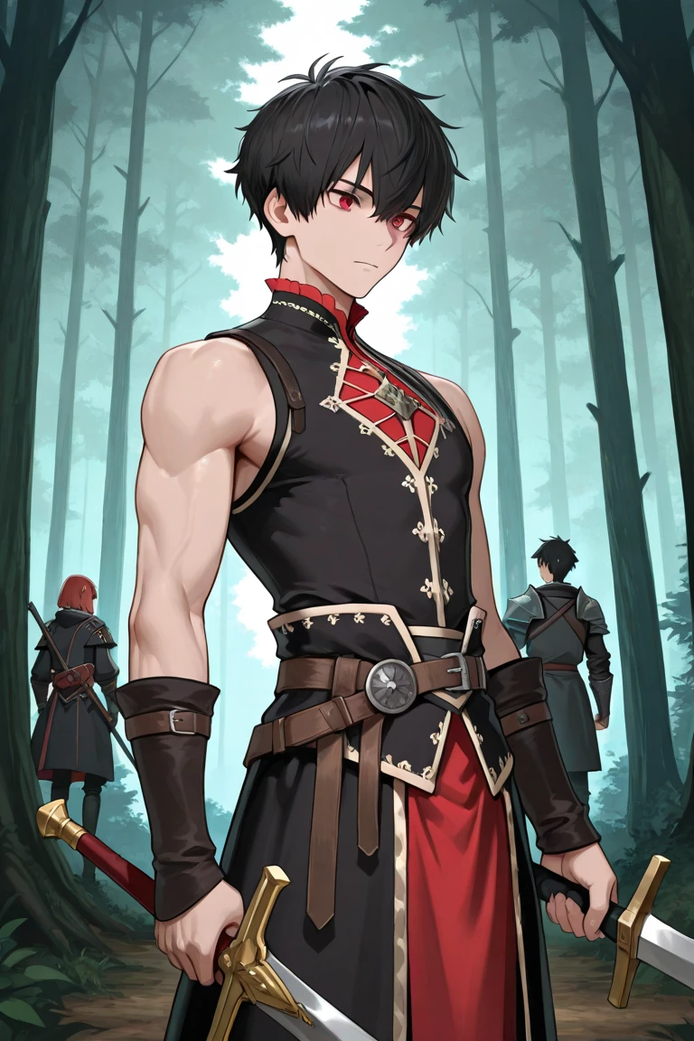Dark brown hair, silver eyes, handsome male, serious gaze, noon, 10k resolution, forest, sunlight, young man, contemplative face, messy hair, waist-up shot, glowing garnet ring, smirk, garnet gem on finger, athletic, muscular build, strong, gray hoodie, garnet ring, no wrinkles, compass in hand, cargo shorts.





