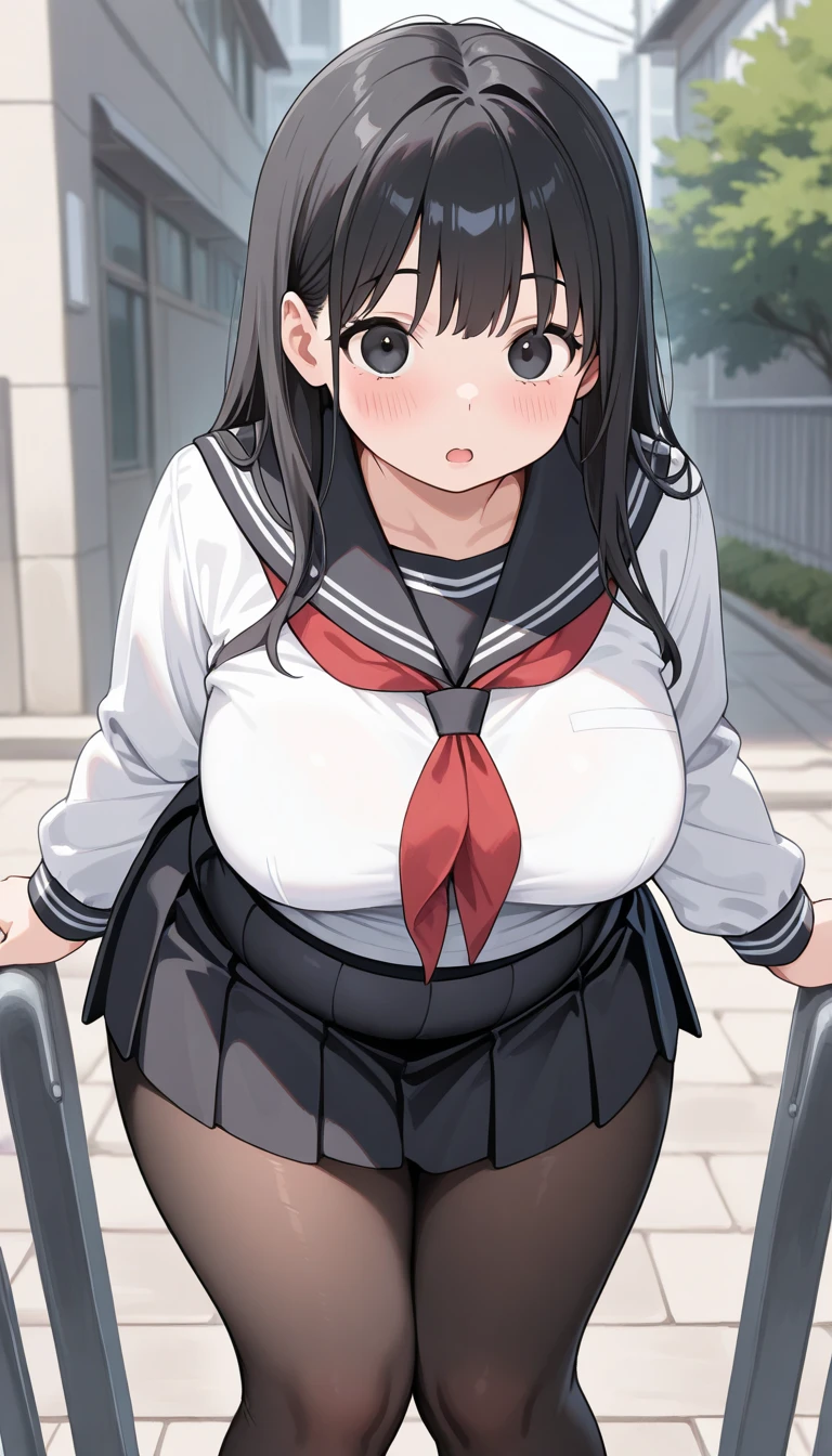 (POV from above), (Best quality: 1.5), (masterpiece: 1.5), (2.5D), (good definition), (detailed face), (well-drawn face), (vivid colors), (1 character), (exaggerated proportions), (hentai), (perfect anatomy), (character in the center), (absurd), (4k wallpaper), (detailed eyes), (perfect hands), (perfect fingers), (beautiful skin ), (shiny skin), (perfect shadows), (perfect lighting), (full body), (beautiful eyes), (masterpiece), (voluptuous body), (pretty face), young girl, dark brown hair, hair long straight with bangs, red eyes, wears (school uniform) with thigh-high stockings, flirtatious and lustful expression, huge breasts, huge thighs, huge butt, voluptuous body, good proportions, is walking down the street and a boy with a huge penis hugs her
