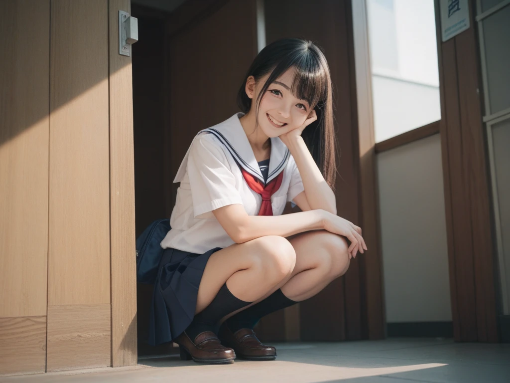 highest quality, masterpiece, Ultra-high resolution, (Realistic:1.4), RAW Photos, Full Body Shot, Front view, From below, One girl, The most famous Japanese idols, Squatting on the stairs, Wearing a Japanese high , (Very cute face like the most popular Japanese idol, (very beautiful big eyes)), Very beautiful hair, Very beautiful skin, Very beautiful long eyelashes, Very beautiful lips, very beautiful short body, Very beautiful thighs, An innocent smile, View your viewers, Dynamic Pose, Detailed play area, Detailed matching of Japanese high school uniforms, Detailed upskirt