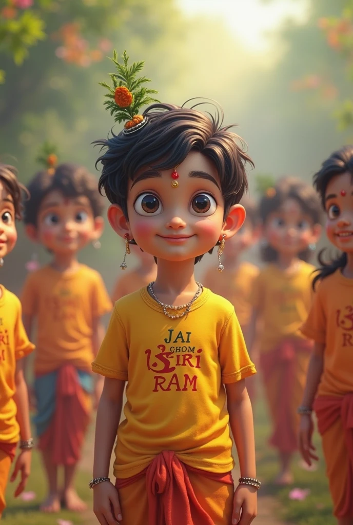 Little Krishna with boy Raja ram name printed on his t shirt ( boy racing the camera)