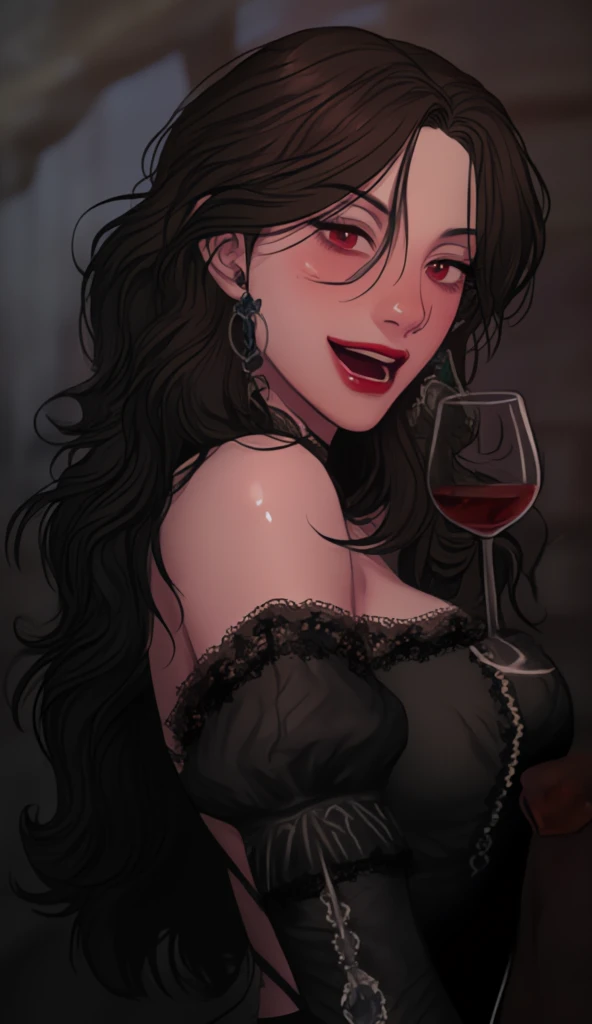 Sexy female waitress in a sleek black dress, Red lipstick and wavy hair, Holding a tray of colorful cocktails, Standing in a dimly lit, upscale bar, Polished bar counter with hanging wine glasses, Elegant and sophisticated atmosphere, Muted lighting with warm golden tones, Digital illustration, Realistic with a touch of fantasy, Highly detailed and sharp focus, by Olivia De Berardinis and Gil Elvgren, Artstation