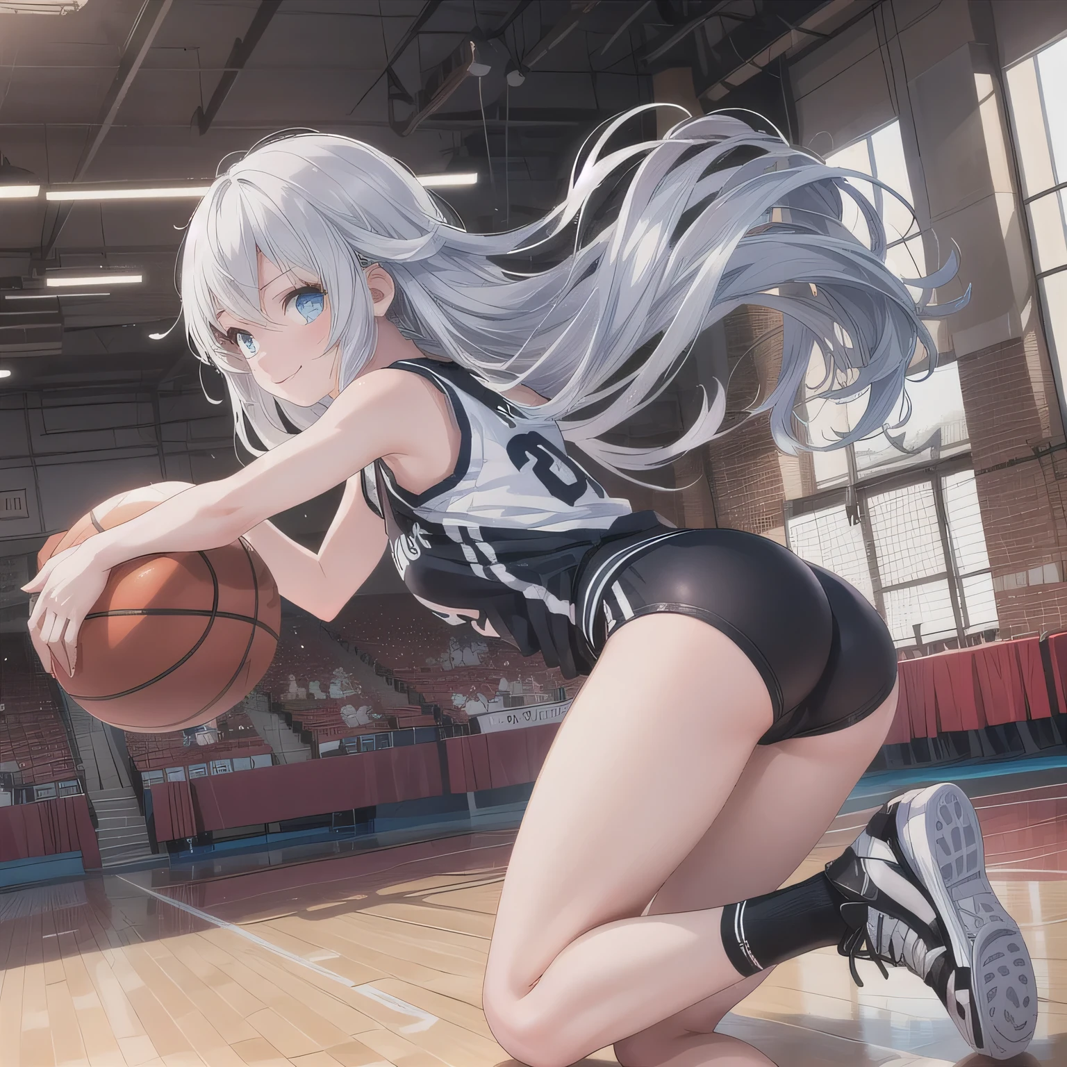 A young female basketball player executes a dynamic jump shot with precision and grace. She holds the basketball firmly in both hands, her form exuding confidence and skill. Her slim-fit uniform highlights her athletic build, while black high socks and matching sneakers create a sleek, modern look. Her neatly braided black hair arcs through the air as she leaps, her intense black eyes fixed on the goal. The polished wooden floor of the brightly lit gymnasium reflects the action, emphasizing the energy and competitive spirit of the moment.A 20-year-old woman smiles gently, friendly. (RAW photos, top quality), (realistic, photo-realistic:1.4), masterpiece, extremely delicate and beautiful, highly detailed, 2k wallpaper, ultra-detailed CG unity 8k wallpaper, ultra detail, high res, soft light, beautifully detailed girl looking back, extremely detailed eyes and face, beautifully detailed nose, cinematic lighting, perfect anatomy, slender body. Long hair, silver hair, blue eyes.