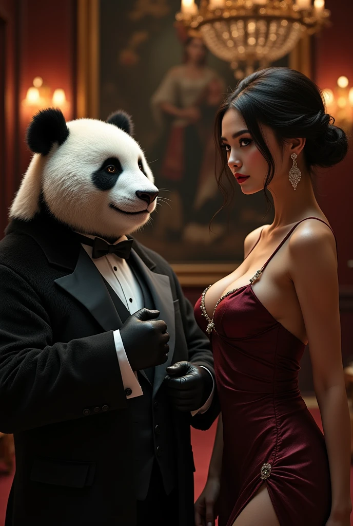 Panda head and humanoid body in gangster clothes, Beautiful woman sitting on lap smoking cigar sitting on luxury European sofa), Background features (Gorgeous décor and furniture).