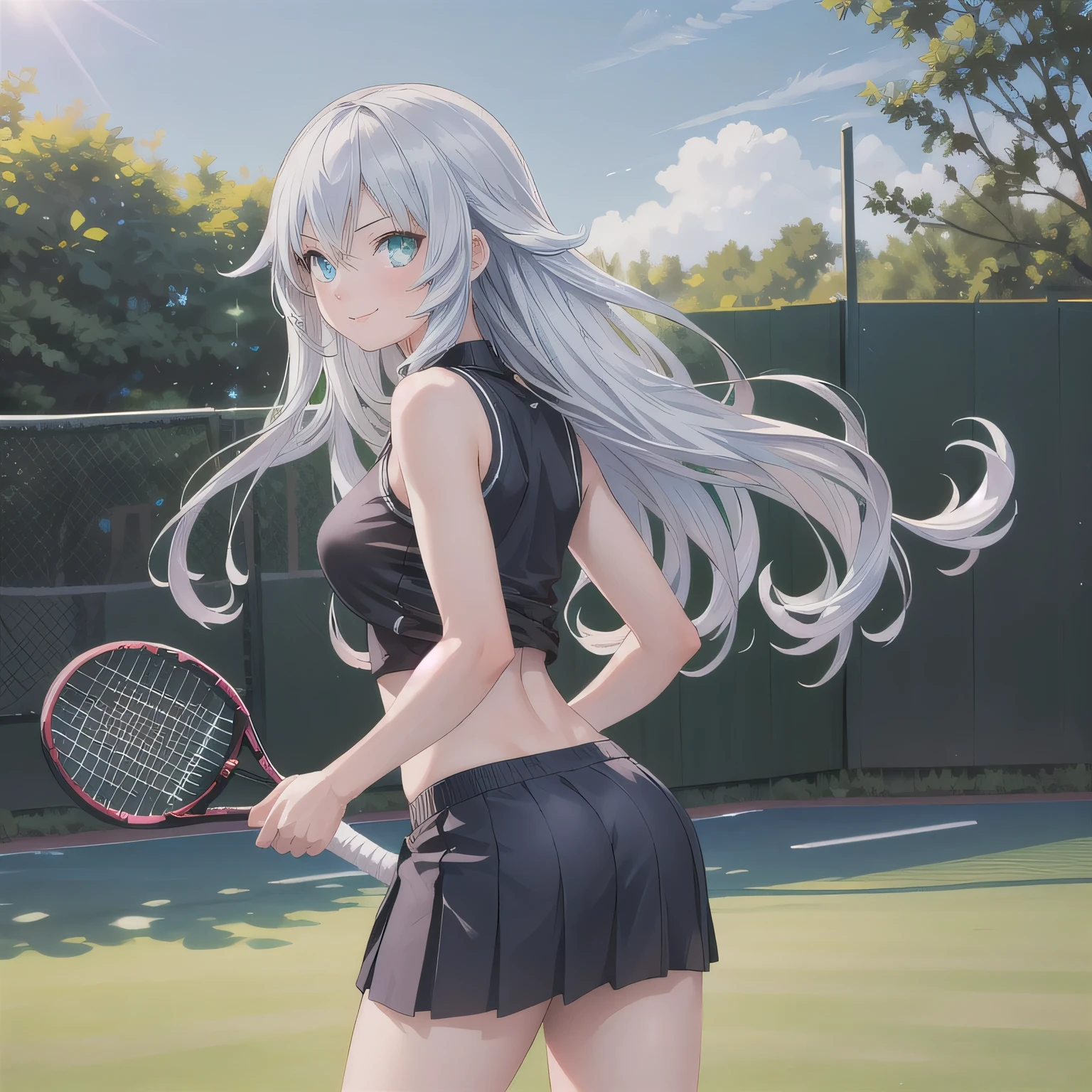 A young female tennis player in a sleek blue outfit stands ready, gripping her racket with both hands in a poised stance. Sunlight accentuates the crisp lines of her attire and the polished strings of the racket. Her determined gaze locks onto an unseen opponent, exuding confidence and focus. The lush green grass of the tennis court stretches into the distance under a clear blue sky. This dynamic scene blends elegance, power, and athleticism, capturing her readiness to strike with precision and grace.A 20-year-old woman smiles gently, friendly. (RAW photos, top quality), (realistic, photo-realistic:1.4), masterpiece, extremely delicate and beautiful, highly detailed, 2k wallpaper, ultra-detailed CG unity 8k wallpaper, ultra detail, high res, soft light, beautifully detailed girl looking back, extremely detailed eyes and face, beautifully detailed nose, cinematic lighting, perfect anatomy, slender body. Long hair, silver hair, blue eyes.
