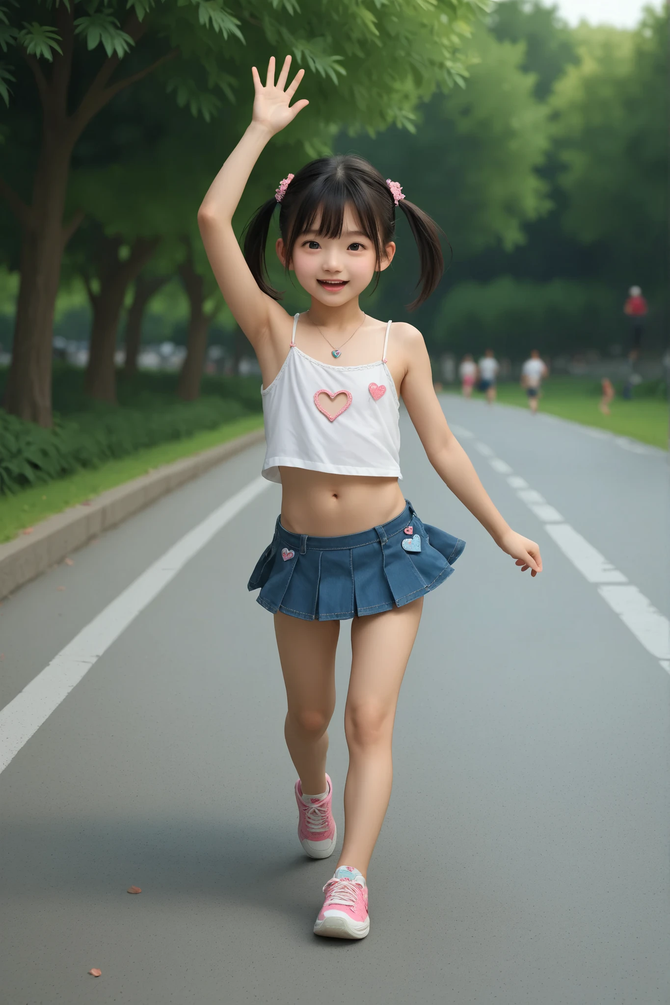 blue-sky、A smile、Raising the skirt with your hands、(((Not wearing panties)))、Very cute, a beauty girl, (9 year old girl), (fullnude), Ultra mini skirt naked, Beautiful face, eyes and skin with exquisite detail, Detailed black hair, Smile at the camera, Shooting from the knee up, the way from school to home, profetional lighting, BREAK, (realisitic, Photorealsitic:1.37), in 8K, (masterpiece), (top-quality:1.4), (超A high resolution:1.2), (Raw photography:1.2)、(super detailed beautiful cloths)、perfect anatomia、4fingers and 1thumb、hyper detailed background、(Wallpapers by Unity 8K)、(All Nude)、(Young breasts)、(slender)、(rib)