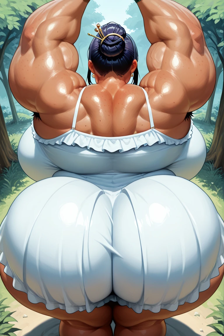 1 girl, hyper curvy Chel, facing away from viewer, on her knees, hyper ass, hyper breasts and big fat ass, powerful thicc thighs,  ((facesitting Miquel and Tulio)), horny pleasure expression , resting on her giant ass, cum inflation, looming butt cheeks, two  tiny men gripping her ass, heads buried,  extreme size difference, dynamic scene, El Dorado  temple, background, detailed background